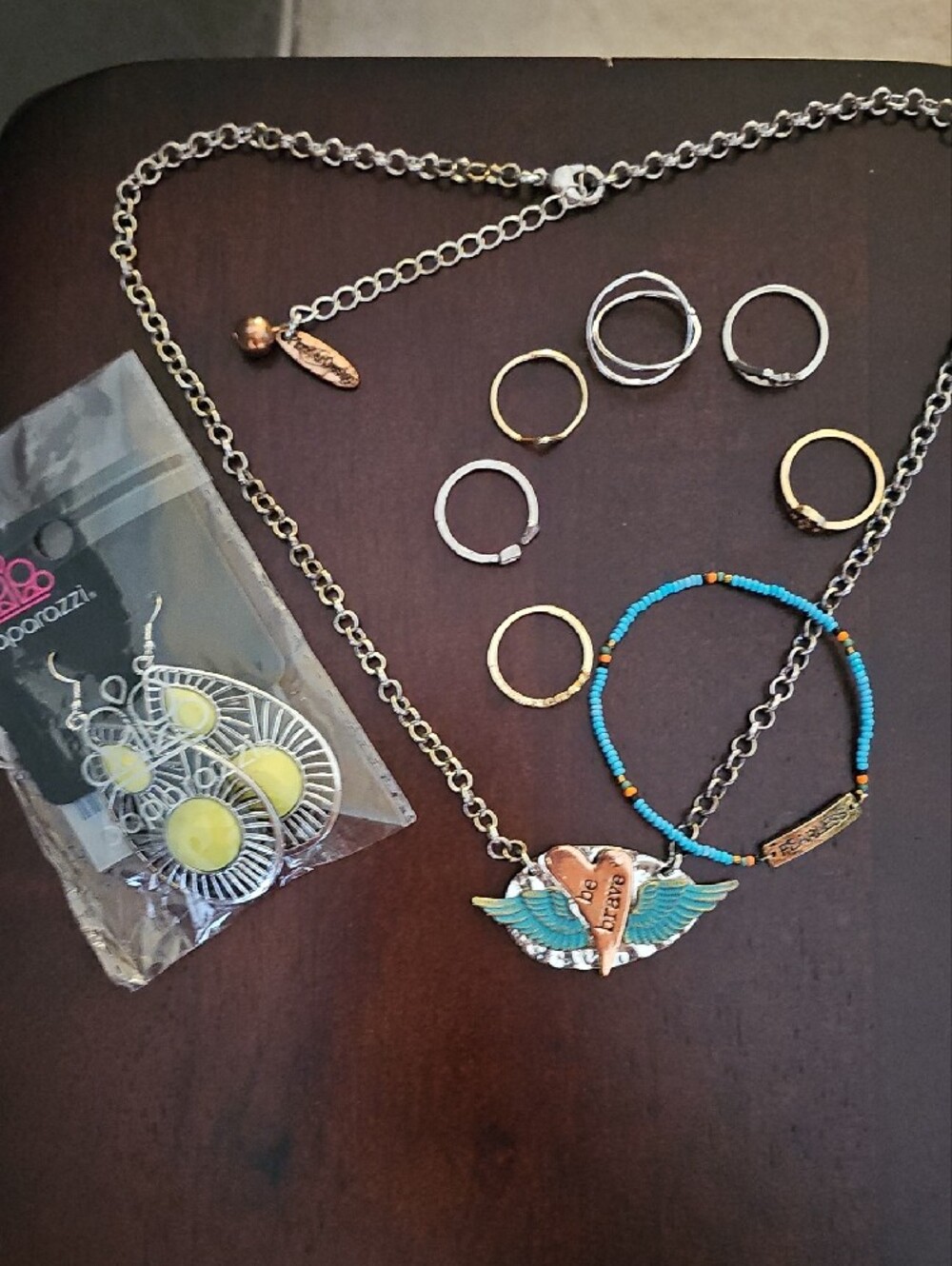 Silver And Gold-Tone Necklace with Turquoise Winged 'Be Brave' Heart Pendant